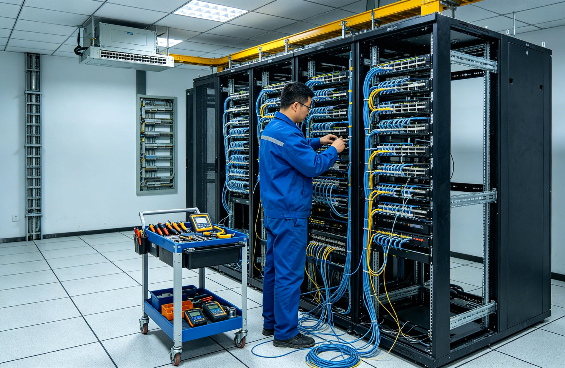 综合布线工程施工实景,机柜内蓝色网线整齐理线接入配线架